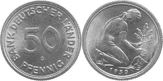 Darstellung einer 50 Pfennig Münzen von 1950 mit "Bank deutscher Länder" Schriftzug